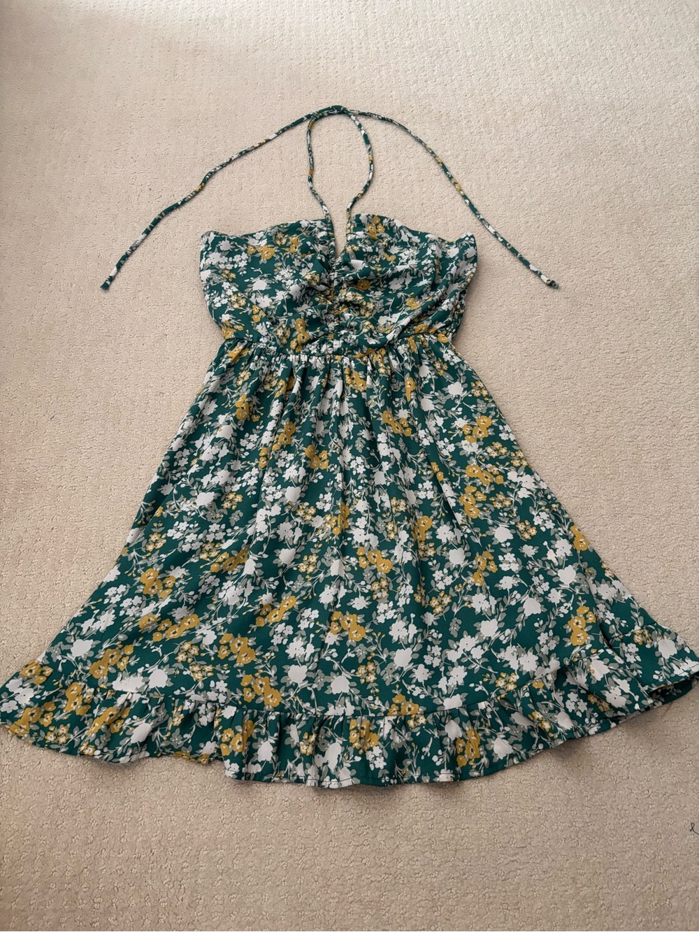 Women’s Green Multicolor Floral Accent Smocked Top Halter Neck Ruffled Hem